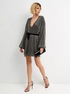 Retrofete Gabrielle Silver Embellished Long Sleeve Mini Robe Dress with Tie